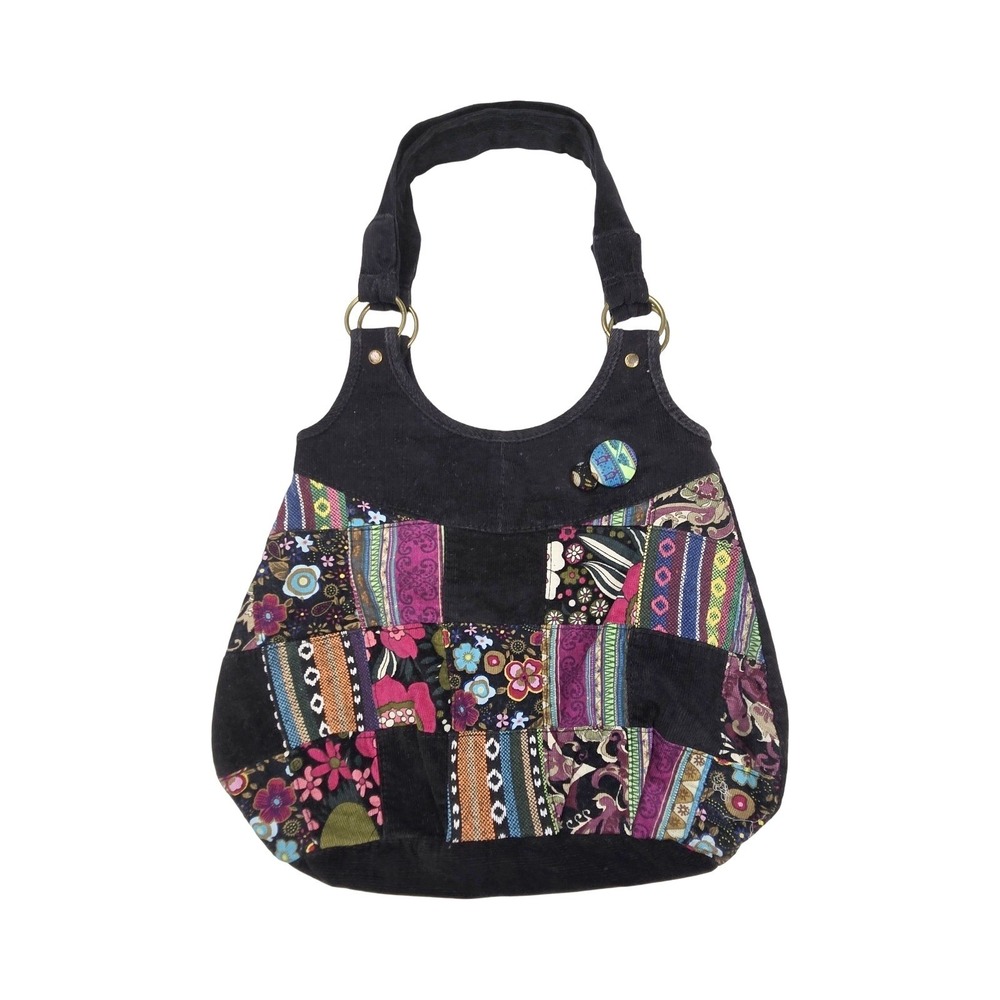 Boho Black Corduroy Patchwork Hobo Bag Floral Paisley Shoulder Purse Buttons Y2K